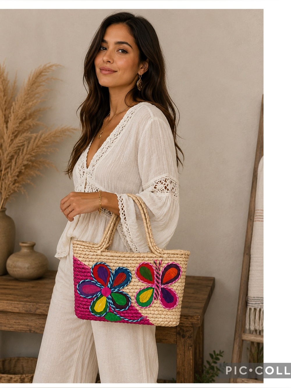 Colorful Floral Woven Straw Tote Bag Pink Boho Artisan Resort Purse